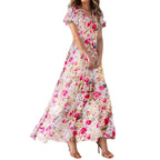 Women V-neck Ruffle Short Sleeve Maxi Dress Waist Tight High-waist Hem Sweet Floral Print Elegant Dress Female Clothing Vestidos