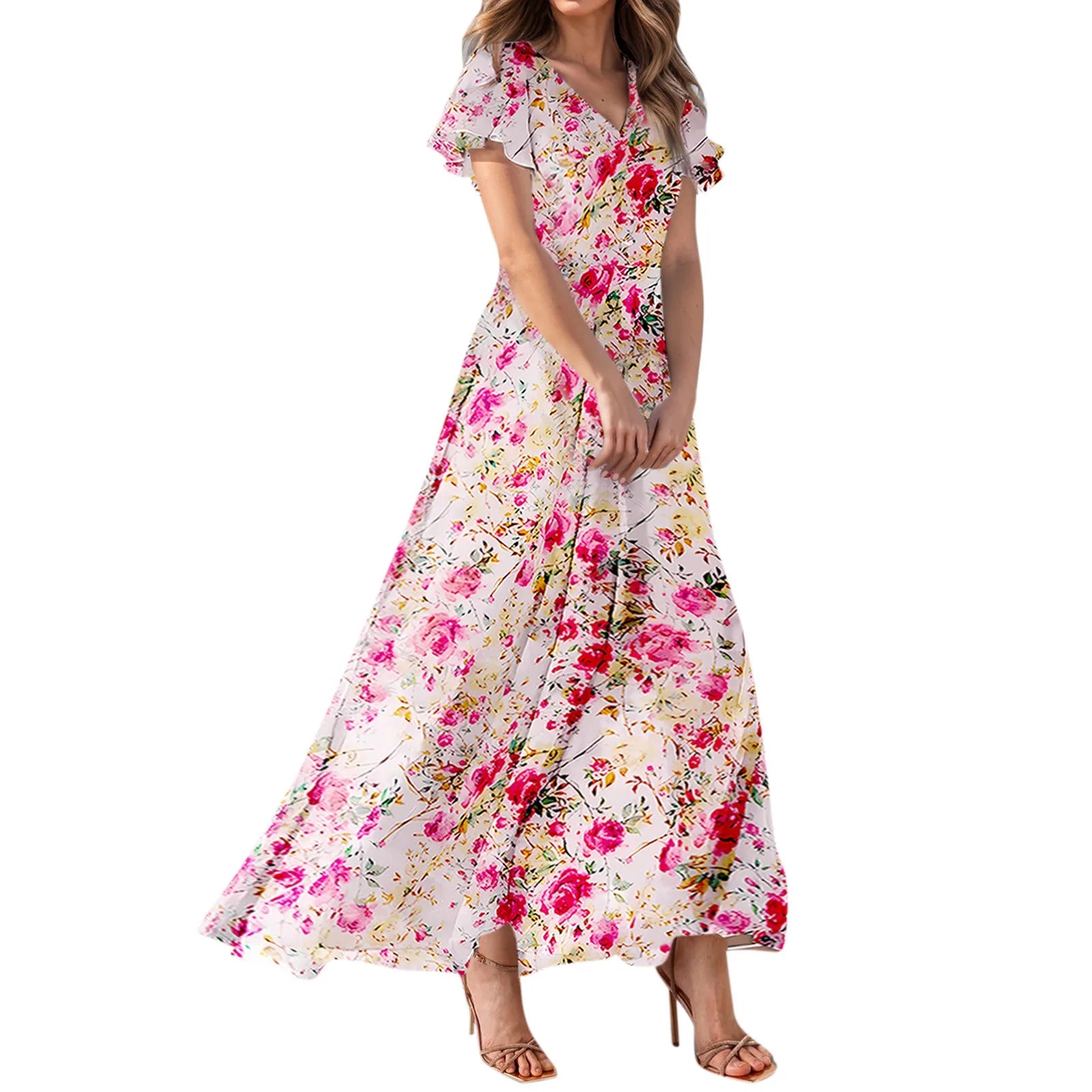 Women V-neck Ruffle Short Sleeve Maxi Dress Waist Tight High-waist Hem Sweet Floral Print Elegant Dress Female Clothing Vestidos