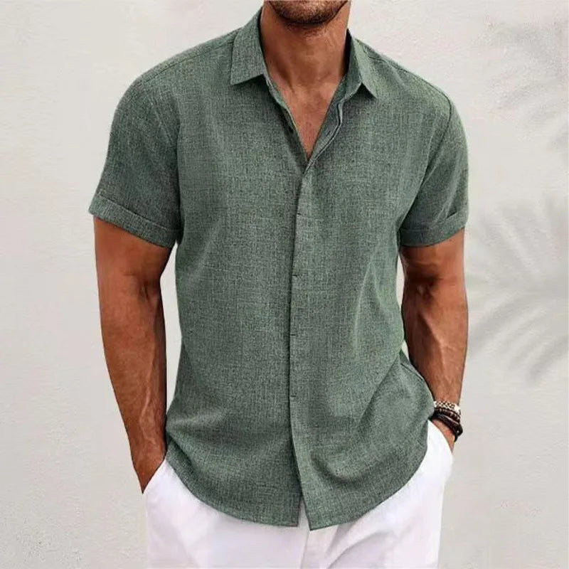 Men Cotton Linen Hot Sale Men's Short-Sleeved Shirts Summer Solid Color Turn-down Collar Casual Beach Style Plus Size Tops