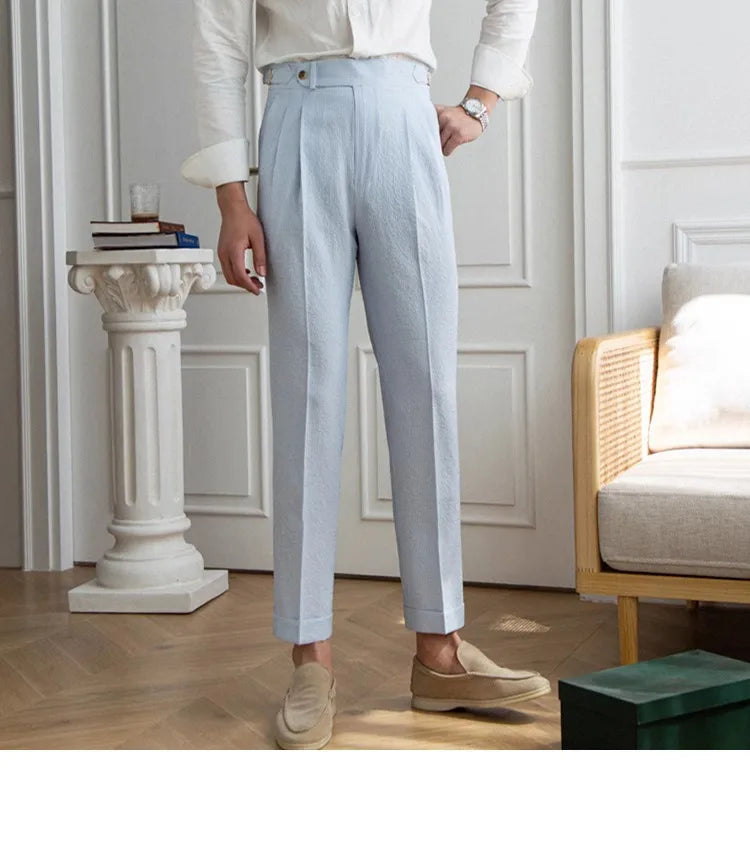 High-end Striped Men's Suit Pants Spring Summer Thin Italian Straight Casual Trousers Blue Paris Buckle Business Trousers