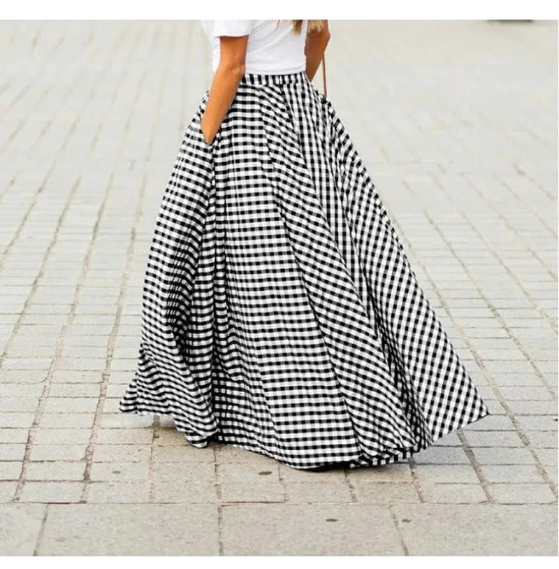 Elegant High-Waisted Long Dress For Women Summer New Arrival Commuting Plaid Big Skirt Wide Leg Design Female Fashion