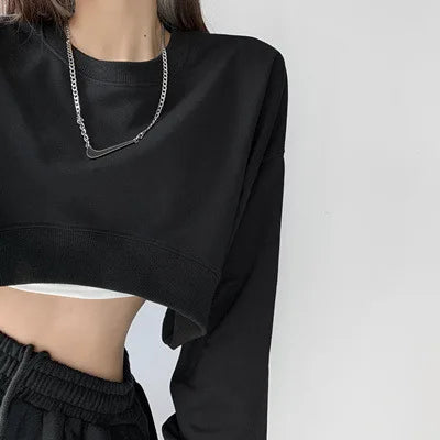 Long Sleeve Crop Top Korean Fashion Solid Loose Y2K T-shirt Woman Autumn Winter Harajuku Sexy Clothes Women Kpop Japanese Tees
