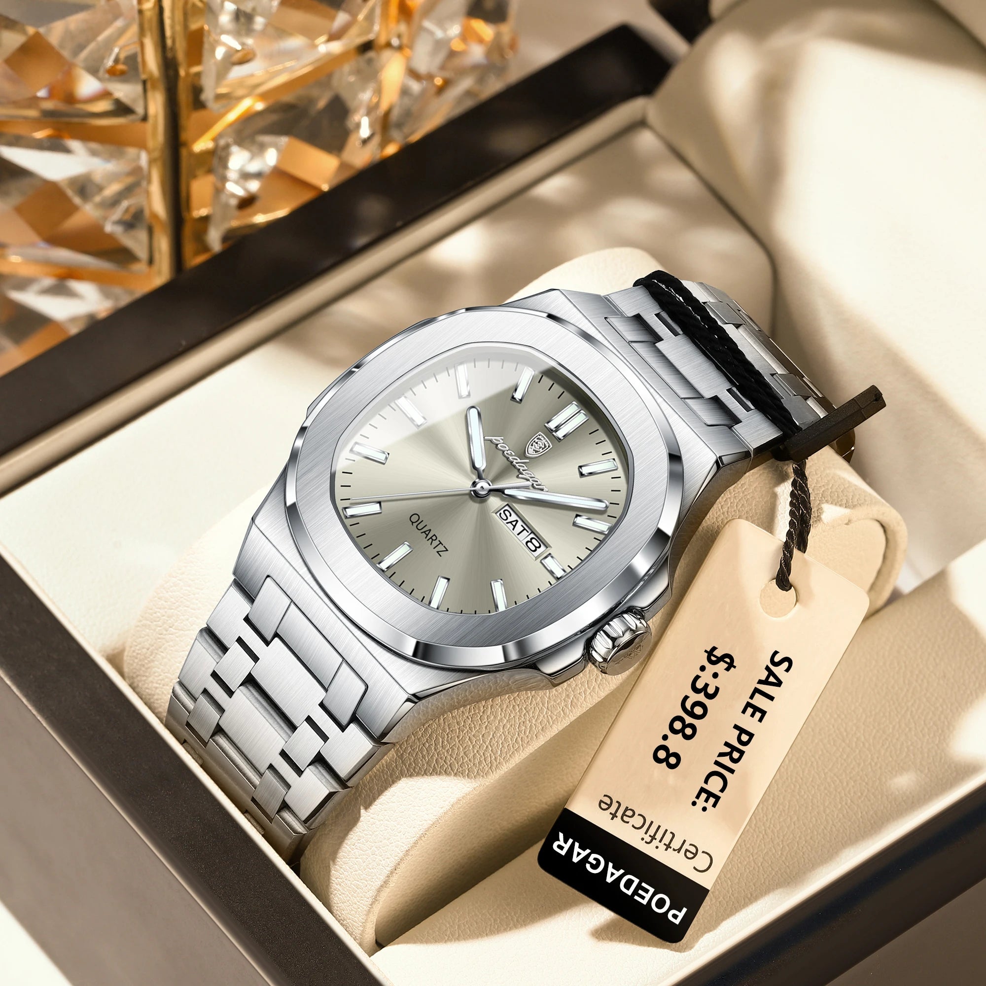 POEDAGAR Trendy Casual Wristwatch For Men Week Date Stainless Steel Man Watch Luminous Waterproof Luxury Quartz Men Watches+Box