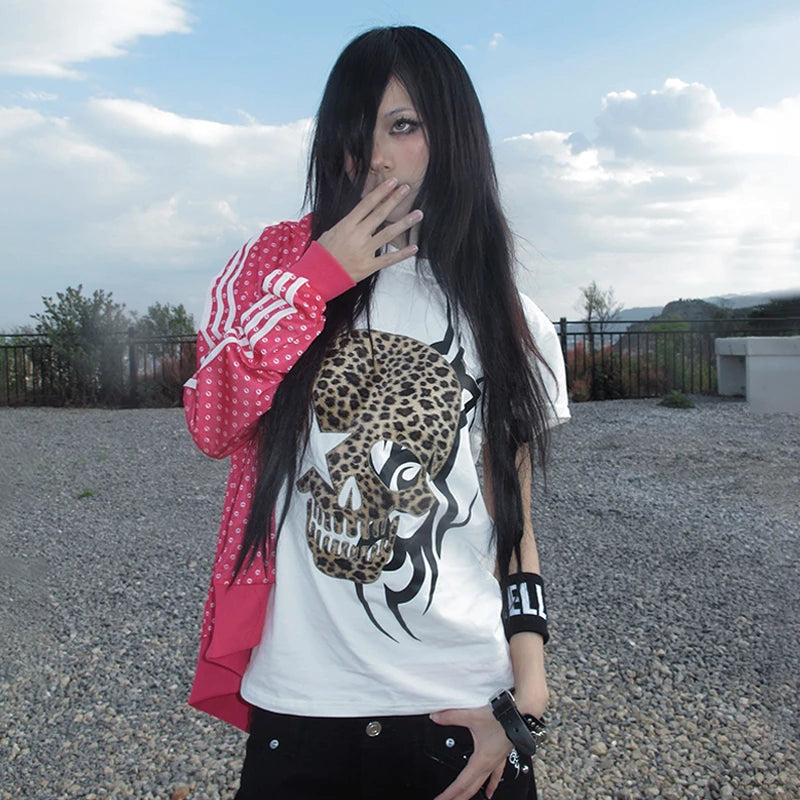 Karrcat Trashy Y2k Skull Print T-shirt Grunge Aesthetics Short Sleeve Tee Shirt Vintage 2000s Style Streetwear Gothic Punk 90s