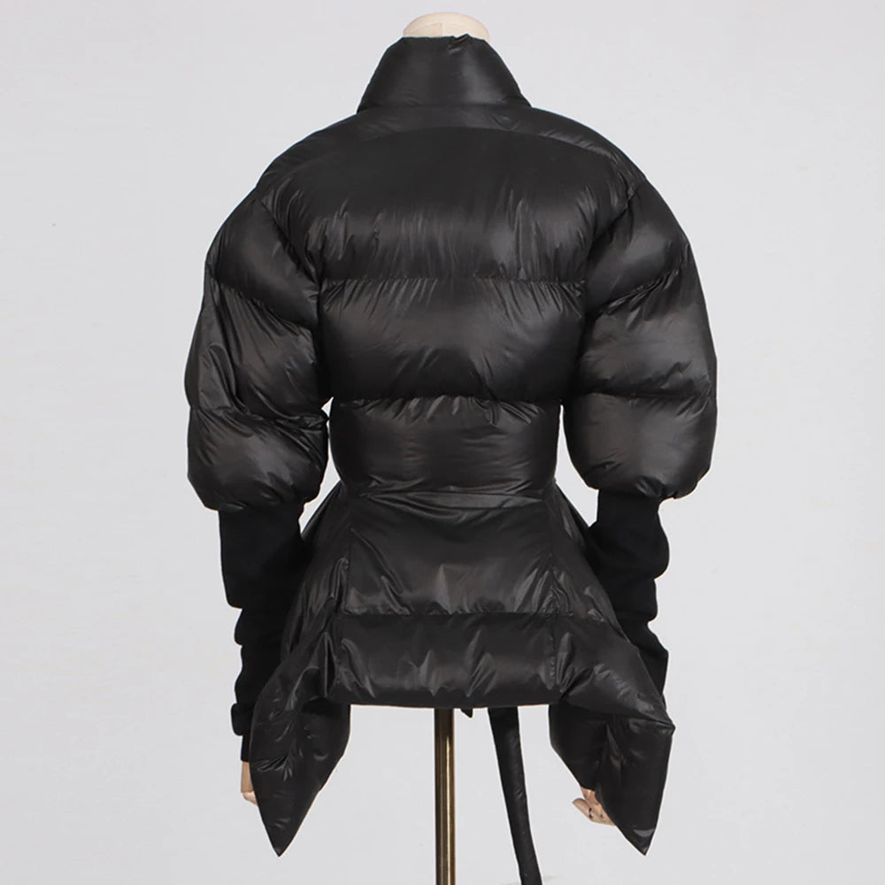 TWOTWINSTYLE Solid Temperament Spliced Lace Up Coat for Women V Neck Long Sleeves Tunic Warm Cotton Coats Female Clothing New