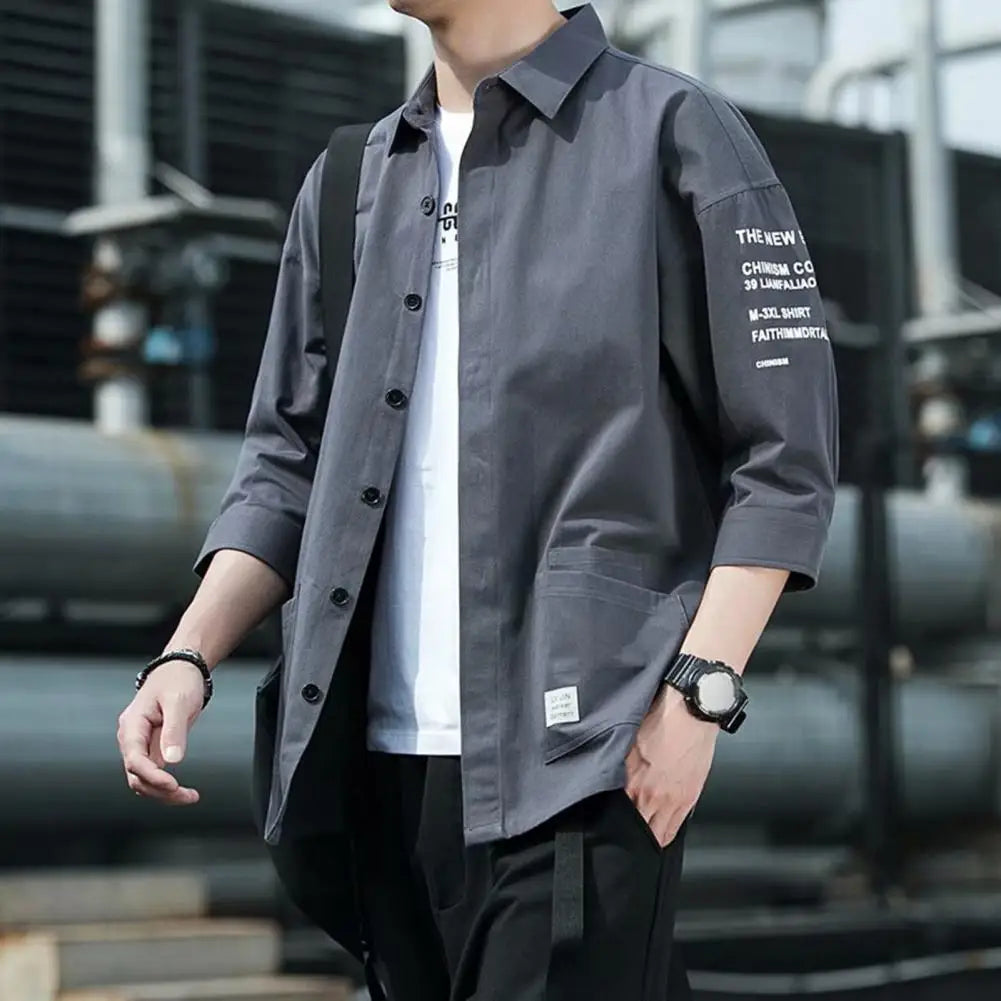 Japanese Style Men Cargo Shirt Half Sleeve Single-breasted Shirt Vintage Logo Label Decor Men Jacket Casual Loose Cardigan Shirt