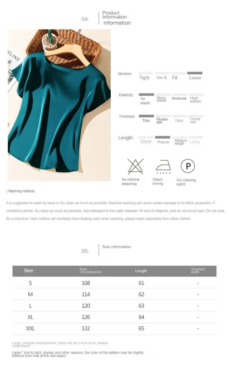 Big Size Summer New Silky Acetic Acid Satin T-shirt Round Neck Women Loose Top Lazy and Versatile Acetate Satin T-shirt