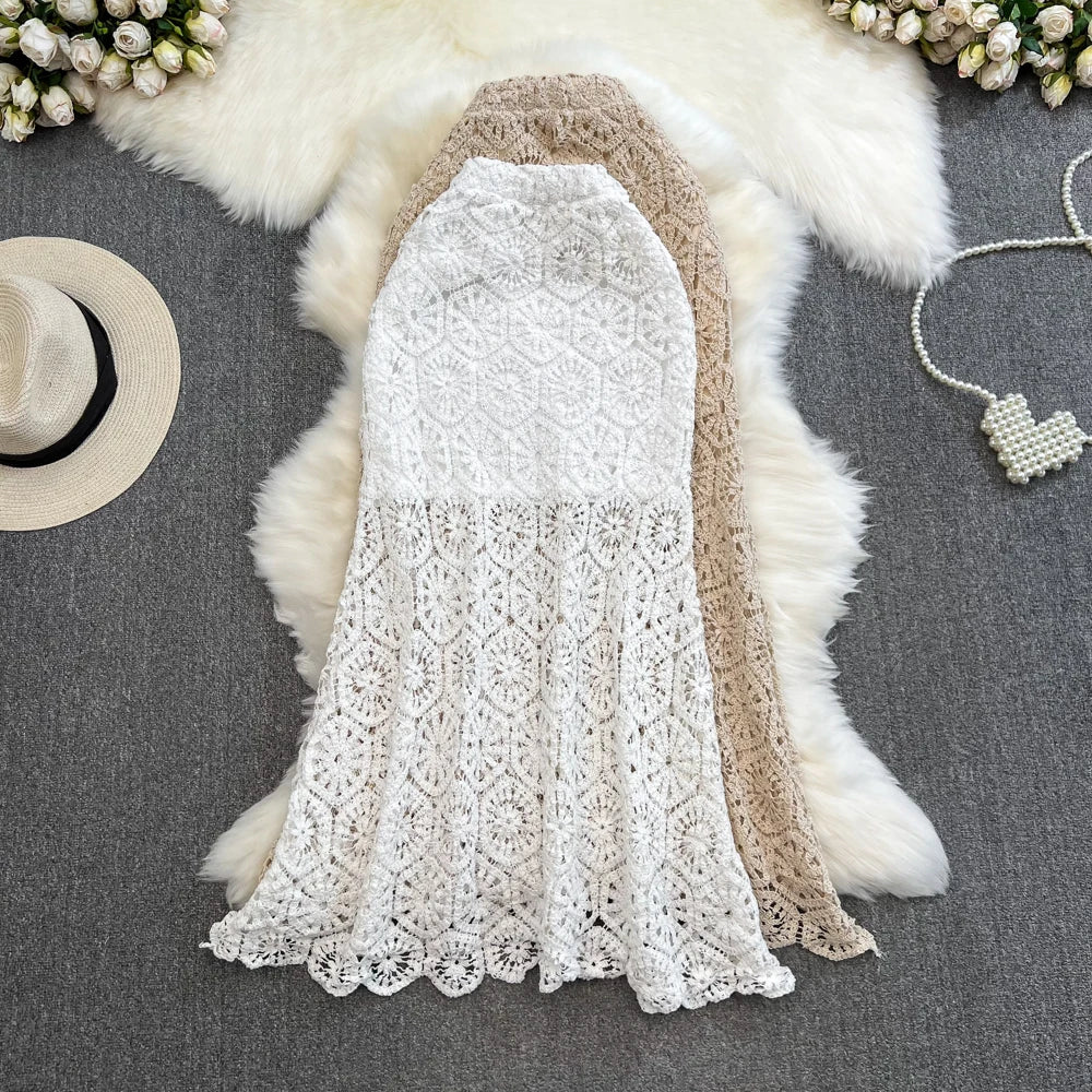 Boho Holiday Long Skirts Women Crochet Hollow Out Female Trumpet Skirt Ladies Elegant Lace Patchwork Summer Skirt Dropshipping