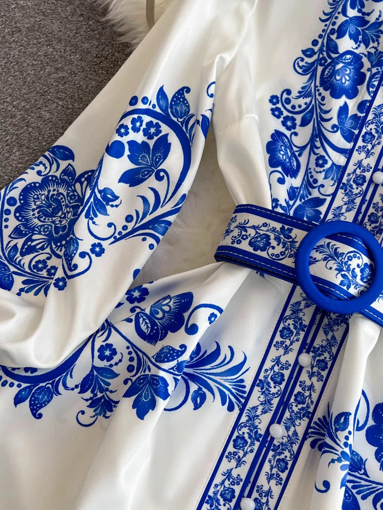 Spring Maxi Belt Dresses for Women Chic Vintage Printing Robe Femme Stand Neck Tunic Lantern Sleeve Dress 2024 Vestidos De Mujer