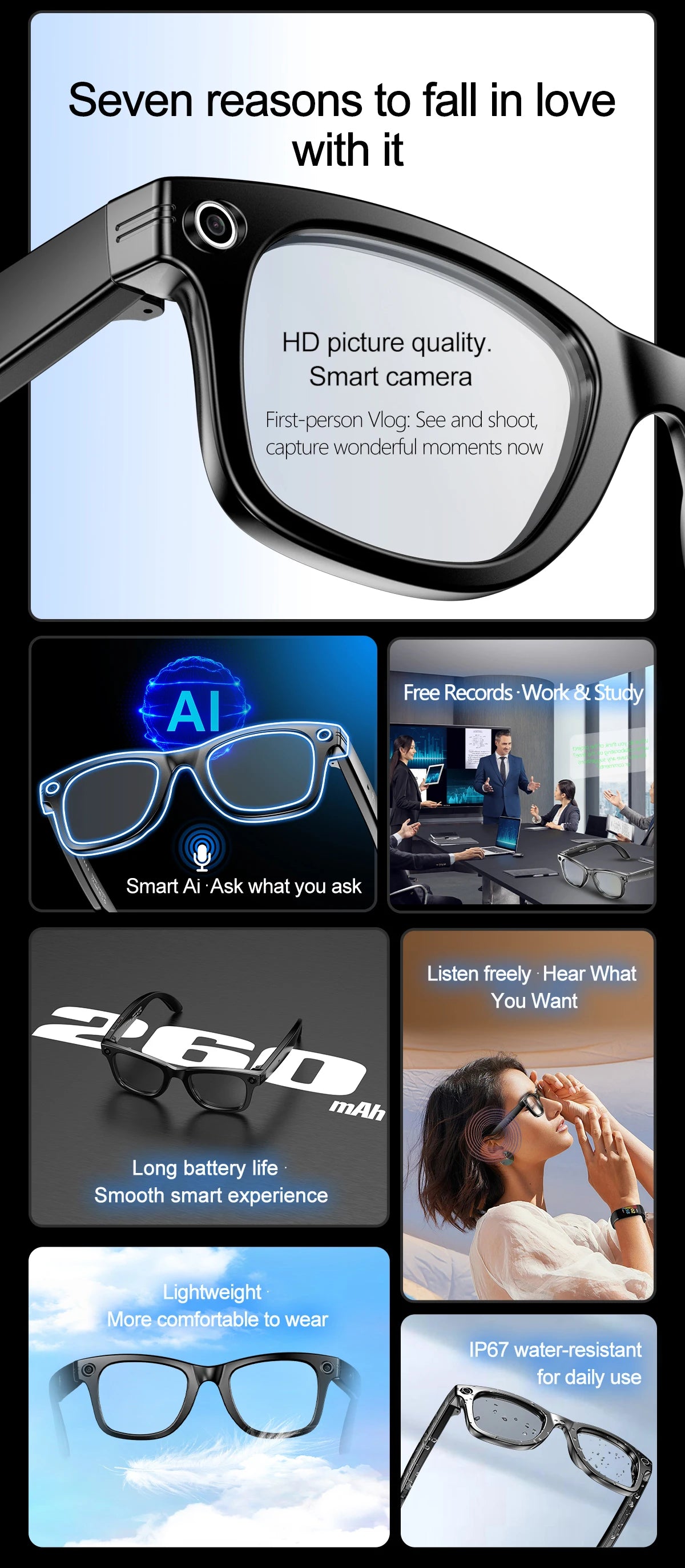 LIGE AI Smart Glasses 720P Camera Video Recorder Bluetooth Call 260mAh Battery Voice Assistant Control Sunglasses For Men Women