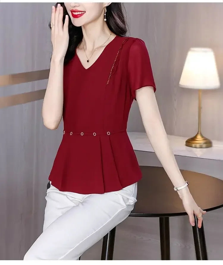New Summer Solid Color Short-sleeved T-shirt Women with Large Size Fat Mm Slim V-neck Top Fashionable Temperament Small Shirt