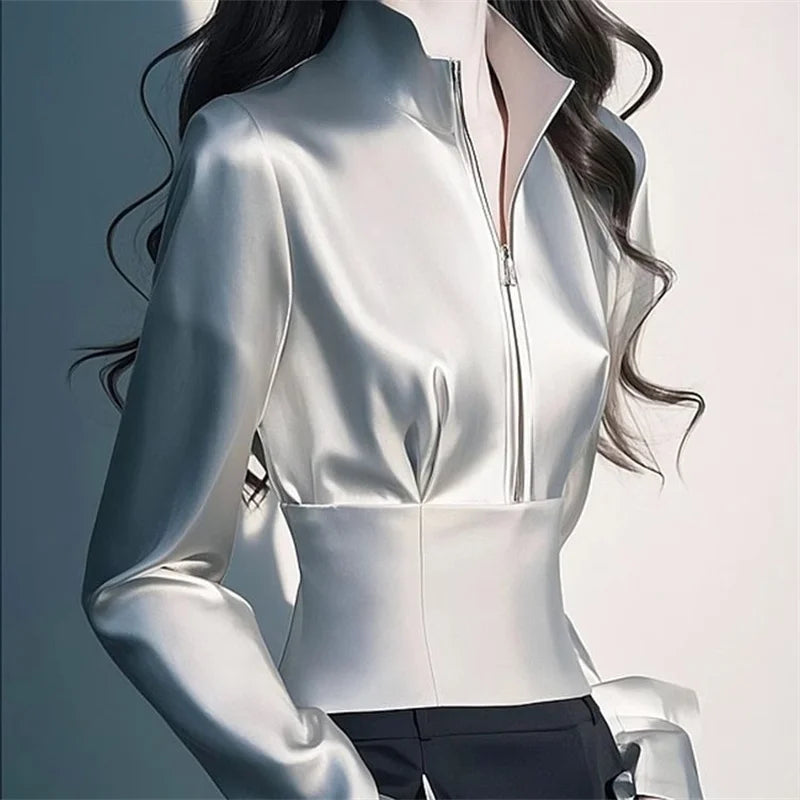 Luxury Satin Shirt Women's Spring Summer New Coat Unique Beautiful Waist Jacket French High-Grade Outerwear Female Overcoat Tops
