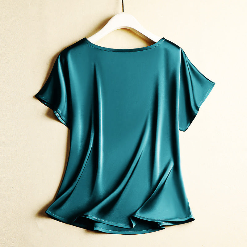 Big Size Summer New Silky Acetic Acid Satin T-shirt Round Neck Women Loose Top Lazy and Versatile Acetate Satin T-shirt