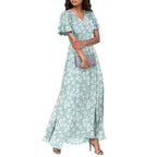 Women V-neck Ruffle Short Sleeve Maxi Dress Waist Tight High-waist Hem Sweet Floral Print Elegant Dress Female Clothing Vestidos