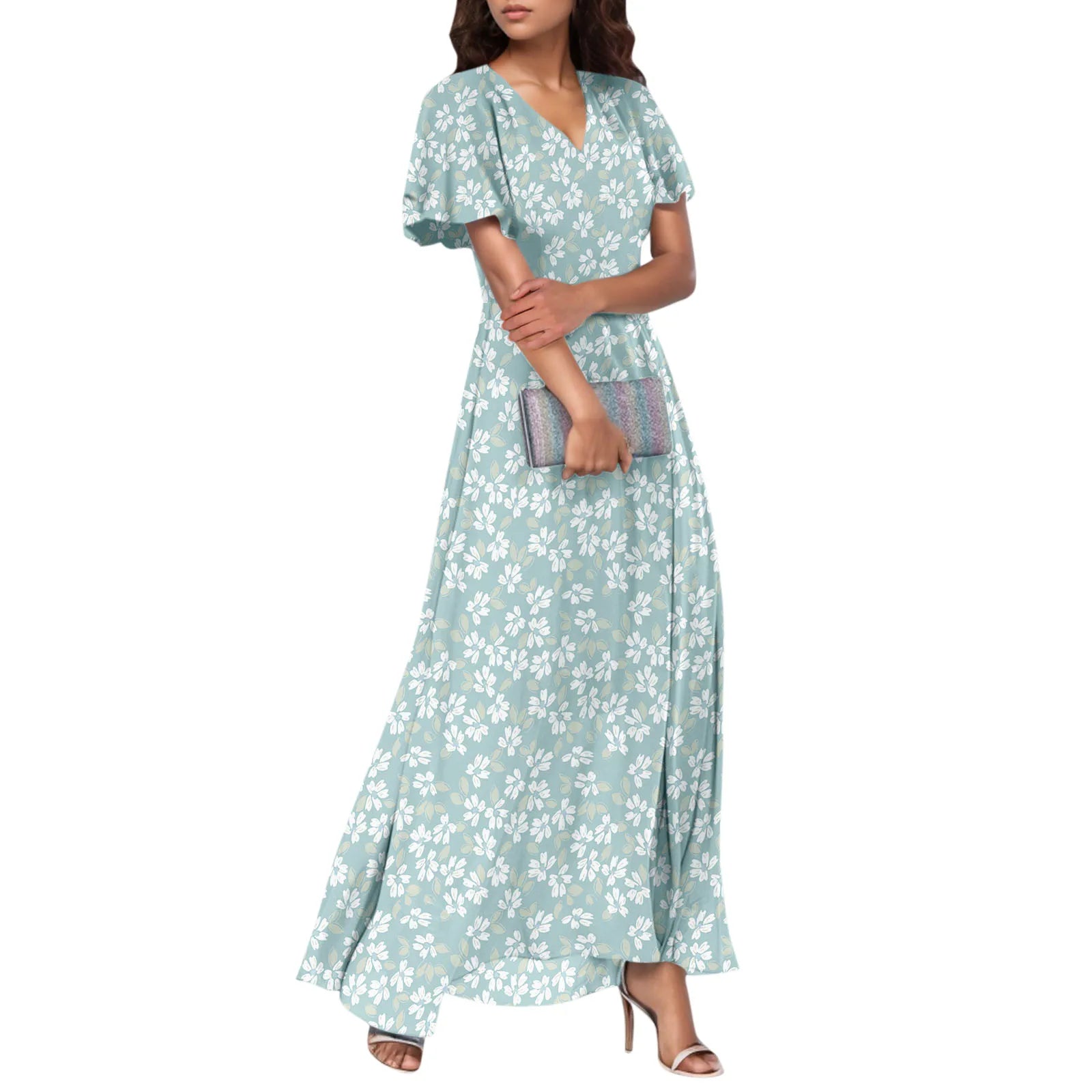 Women V-neck Ruffle Short Sleeve Maxi Dress Waist Tight High-waist Hem Sweet Floral Print Elegant Dress Female Clothing Vestidos