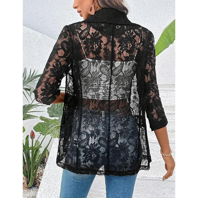 Women's Blazer Autumn 2024 New Lace Patch Single Breasted Flap Detail Y2k Coat Work Office Female Fashion Elegant Daily Jacket