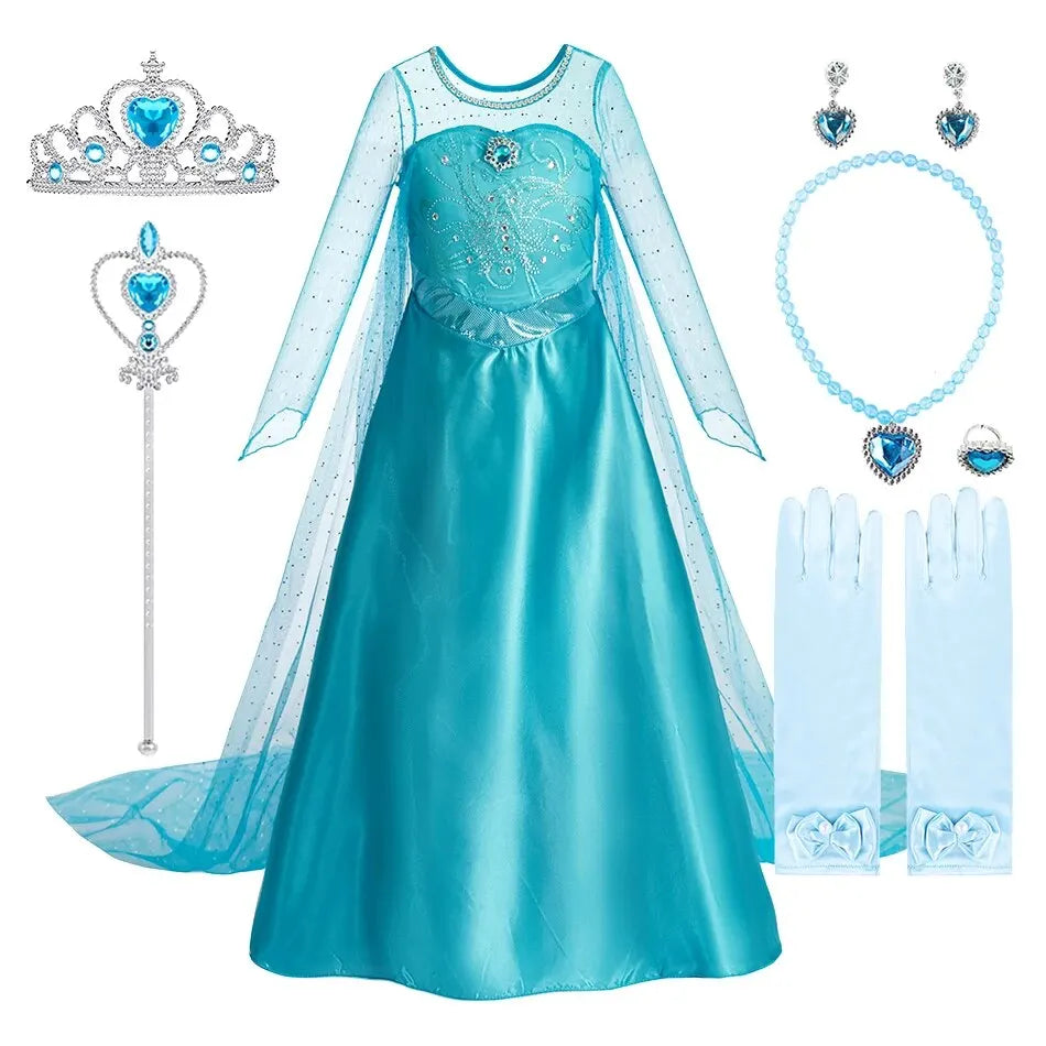 Halloween Elsa Dress for Girls Children Party Princess Costume Kids Disguise with Long Cloak Girl Snow Queen Carnival Clothes