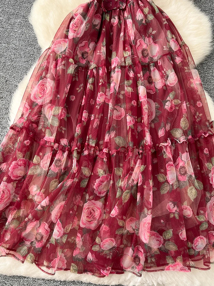 Summer Vintage French Mesh Dress for Women New Waist Cinched Slash Neck Bubble Sleeves Sweet Floral Chiffon Dress Female C146
