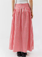 Women Y2K Bow Plaid Maxi Skirt High Waist Gingham Tiered Long Skirt Vintage A-Line Ruffle Flowy Midi Skirt Party Clubwear