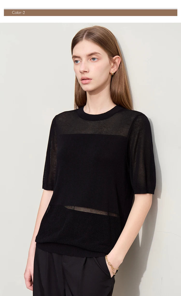 Amii Minimalism 2024 Knit Sweater Women Summer New Solid O-Neck Loose Short-sleeved Wool Casual Patchwork Chic Tops 12422028