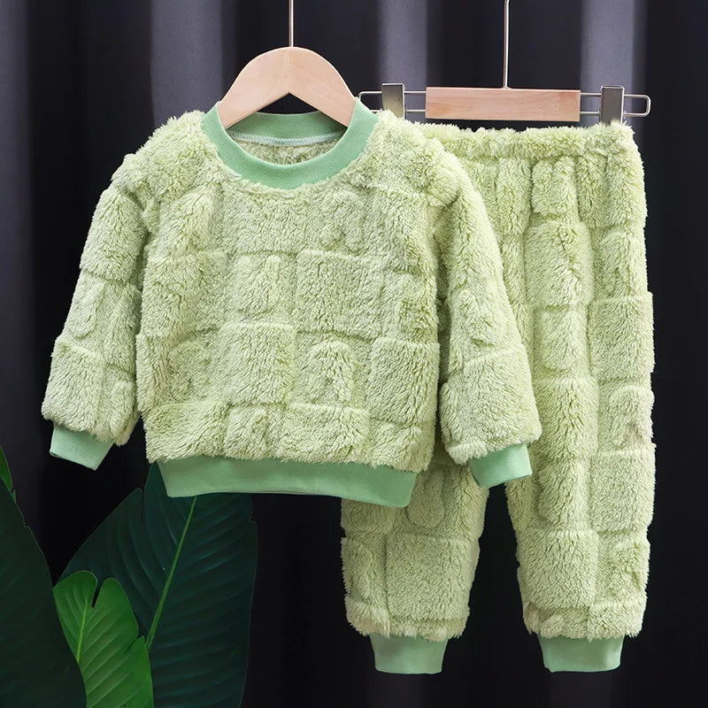 New Autumn and Winter Flange Pajamas Suits Children's Long Sleeve Top+Trousers Sets Plus Velvet Thick Home Wear 1-6 Years Old