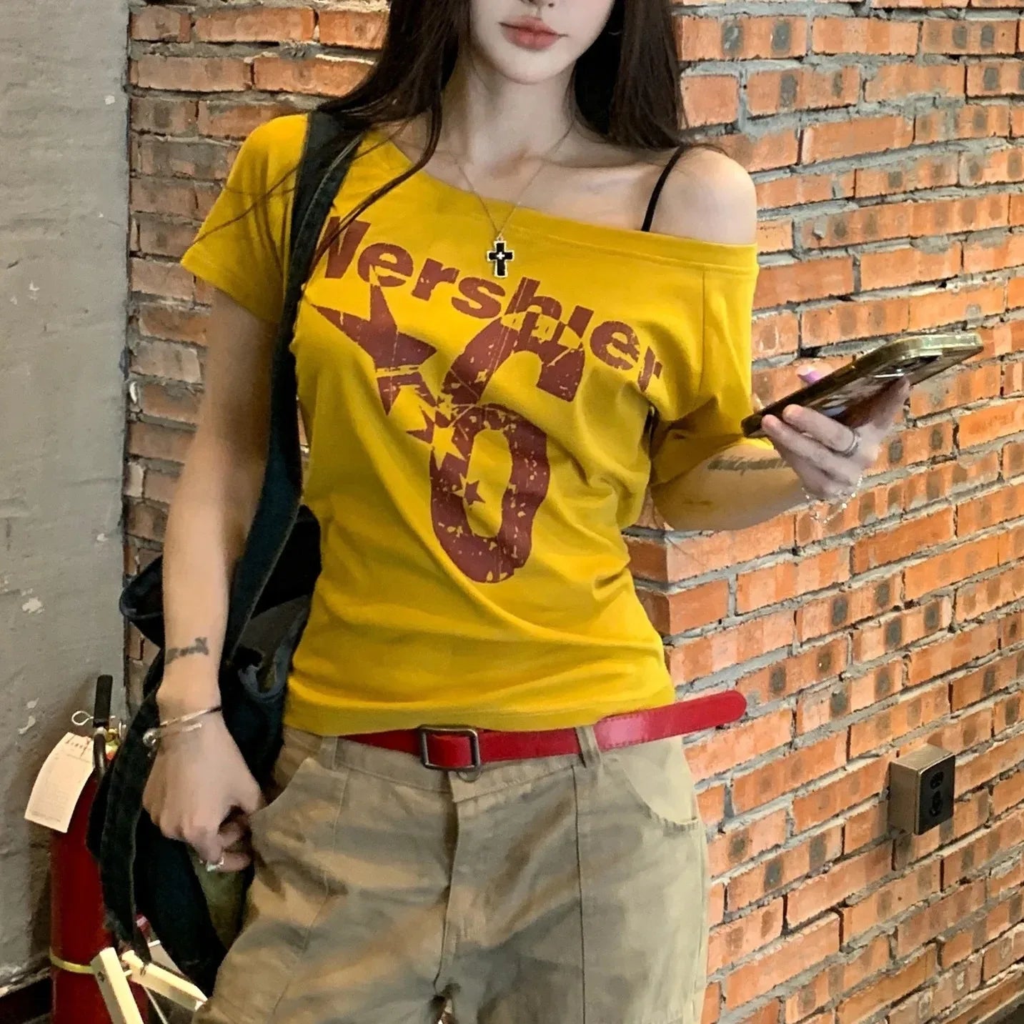 Y2k Women Vintage Streetwear Sport Short Sleeve Acubi Letter Print T-shirts Grunge Off Shoulder Spicy Tshirt Top Tee Alt Clothes