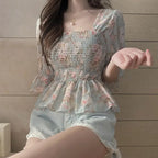 Chiffon Shirt for Women New Floral Flared Sleeves Wrapped in Chest and Waist to Make Them Look Slim Top for Women