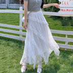 White Lace Irregular Maxi Skirts Women Vintage Ruffles Spliced A-Line Skirts Woman Summer Design Sheer High Waist Cake Skirt
