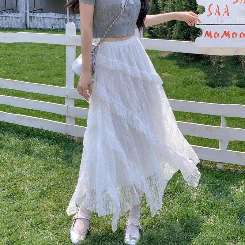 White Lace Irregular Maxi Skirts Women Vintage Ruffles Spliced A-Line Skirts Woman Summer Design Sheer High Waist Cake Skirt