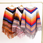 Peruvian National Style Fashion Tassel Travel Coat Shawl Cloak Women's Autumn Winter Warm Cover Lady Ponchos Capes Red