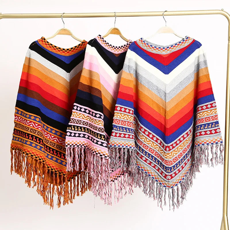 Peruvian National Style Fashion Tassel Travel Coat Shawl Cloak Women's Autumn Winter Warm Cover Lady Ponchos Capes Red