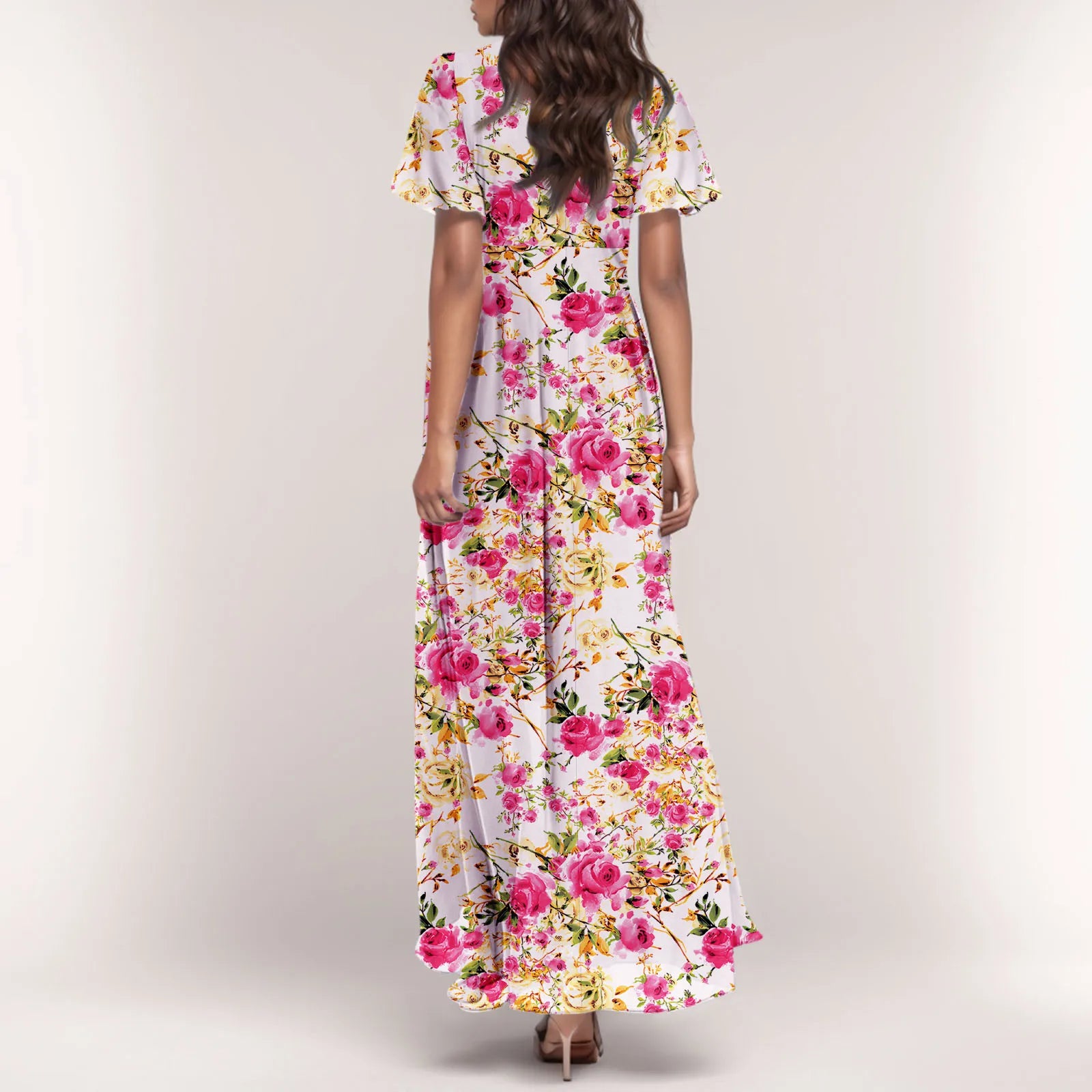 Women V-neck Ruffle Short Sleeve Maxi Dress Waist Tight High-waist Hem Sweet Floral Print Elegant Dress Female Clothing Vestidos
