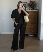 Summer Casual Cotton 2 Piece Set Women Outfit Deep V Neck Short Puff Sleeve Pullover Top Long Trousers Loose Lady Two Piece Suit