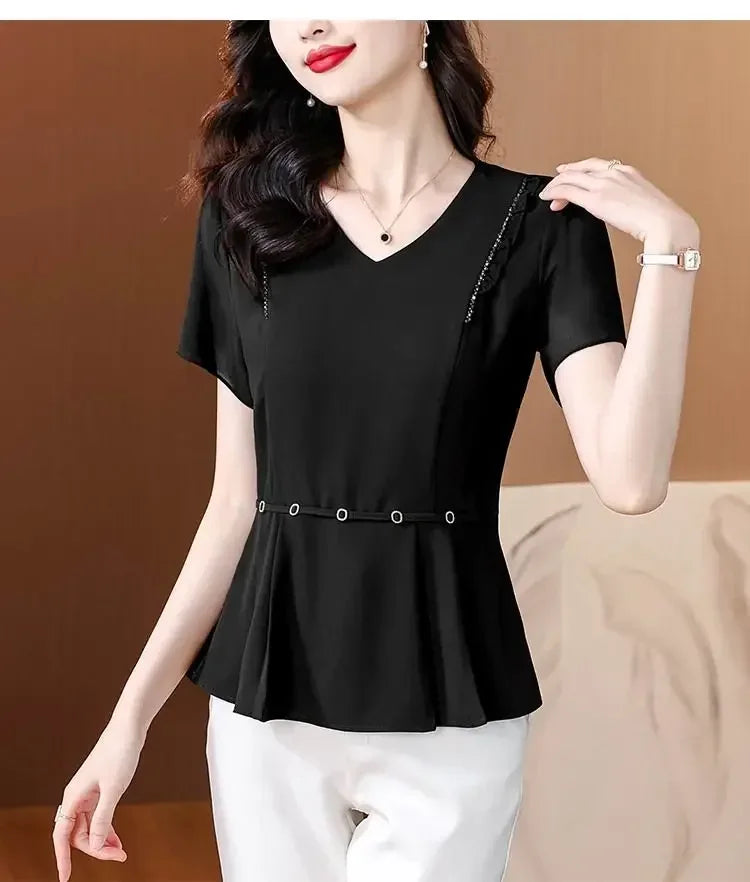 New Summer Solid Color Short-sleeved T-shirt Women with Large Size Fat Mm Slim V-neck Top Fashionable Temperament Small Shirt