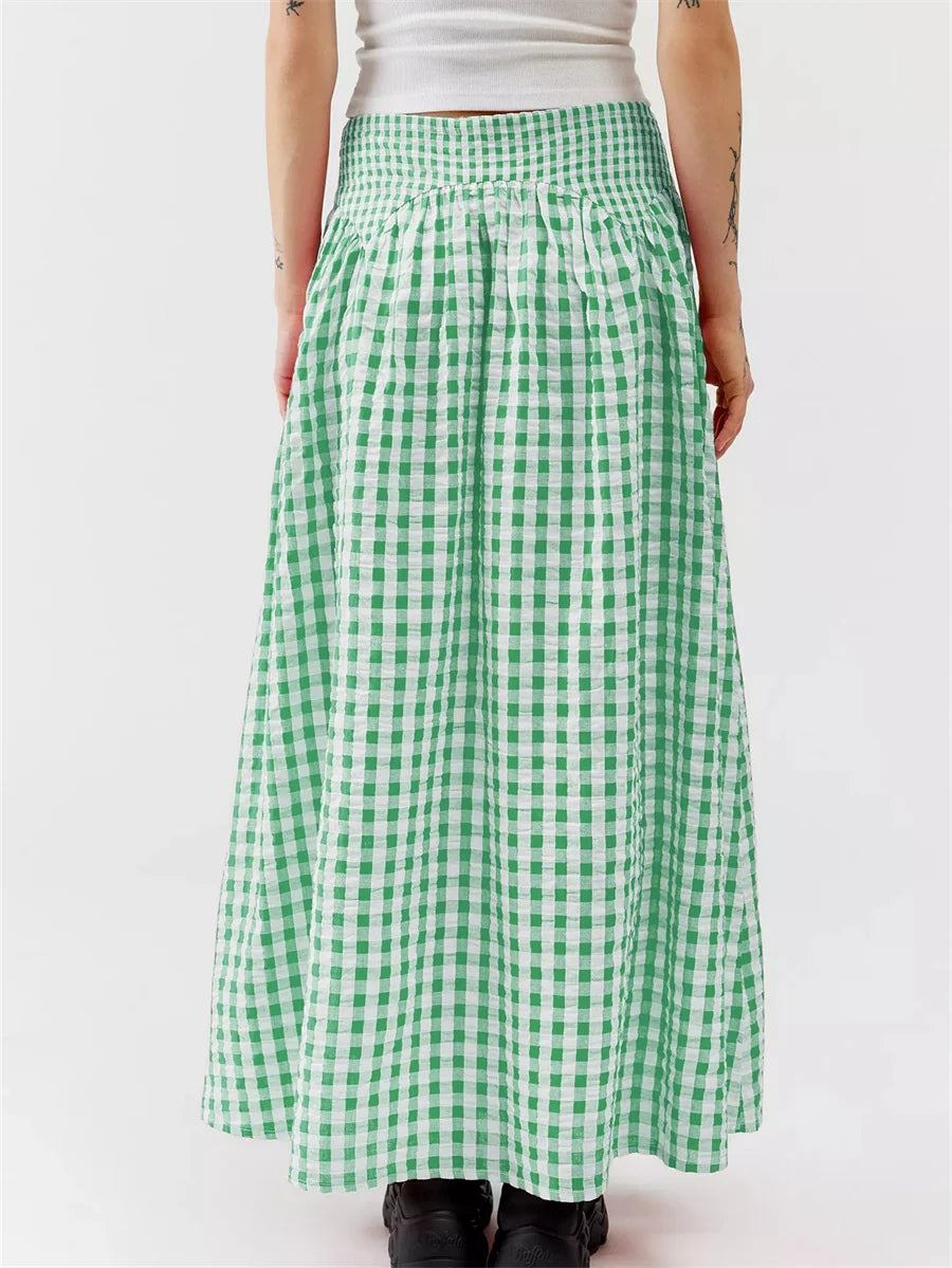 Women Y2K Bow Plaid Maxi Skirt High Waist Gingham Tiered Long Skirt Vintage A-Line Ruffle Flowy Midi Skirt Party Clubwear