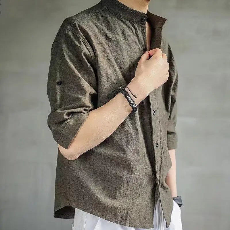 Japanese Retro Solid Color Linen Simple Shirt Men's Versatile Loose Casual American Spring New Style