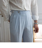 High-end Striped Men's Suit Pants Spring Summer Thin Italian Straight Casual Trousers Blue Paris Buckle Business Trousers