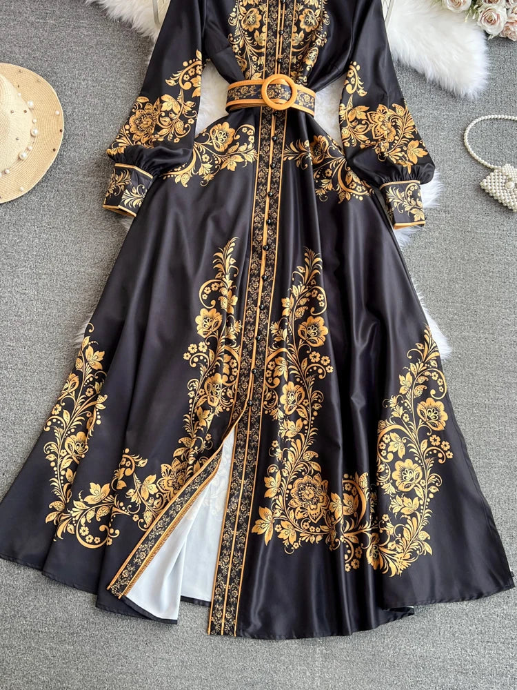 Spring Maxi Belt Dresses for Women Chic Vintage Printing Robe Femme Stand Neck Tunic Lantern Sleeve Dress 2024 Vestidos De Mujer