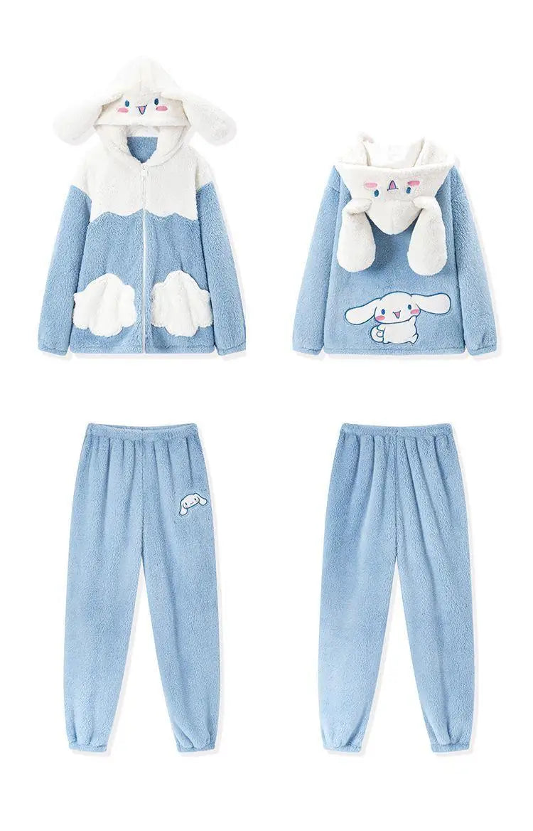 Cinnamoroll Women's Plush Pajamas Suit Sanrioed Kawaii Autumn Winter Hooded Home Clothes Cute Girl Thickened Cute Cartoon Sweet