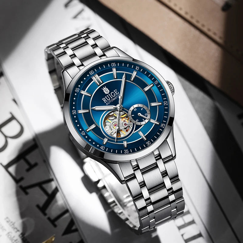 RUIGE High Quality Hollow Mechanical Movement Men's Watch Stainless Steel Fashion Men's Night Light Waterproof Watch