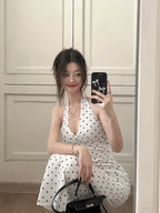 2024 Korean Style Open-back Halter Neck Dress Women's Summer Elegant Long Dress Waist-fitted A- line Skirt Sleeveless