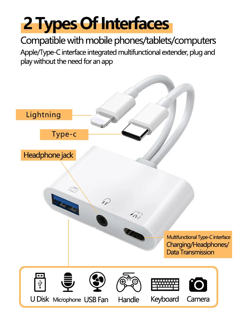 Byscoon Lightning/Type C to USB 3.0 /3.5mm/Type C OTG Adapter 3.5mm Audio Jack Splitter for iPhone14/13/12/iPad with Charging