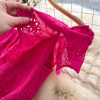 SINGREINY Chic Embroidery Hollow Out Dress Ruffles Splice Off Shoulder Elastic Ruched Slim 2025 Solid Gentle Vacation Long Dress