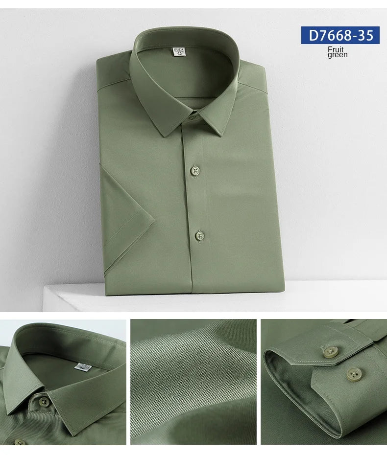 2023 Summer Short Sleeve High Density Silky Material Solid  Elastic Business Men Dress Shirts No Pocket Stretch Clothes