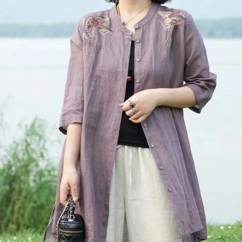 Spring and Summer Retro Embroidered Cotton Linen Shirt Stand Collar Mid-length Temperament Noble Mother Casual Jacket for Women