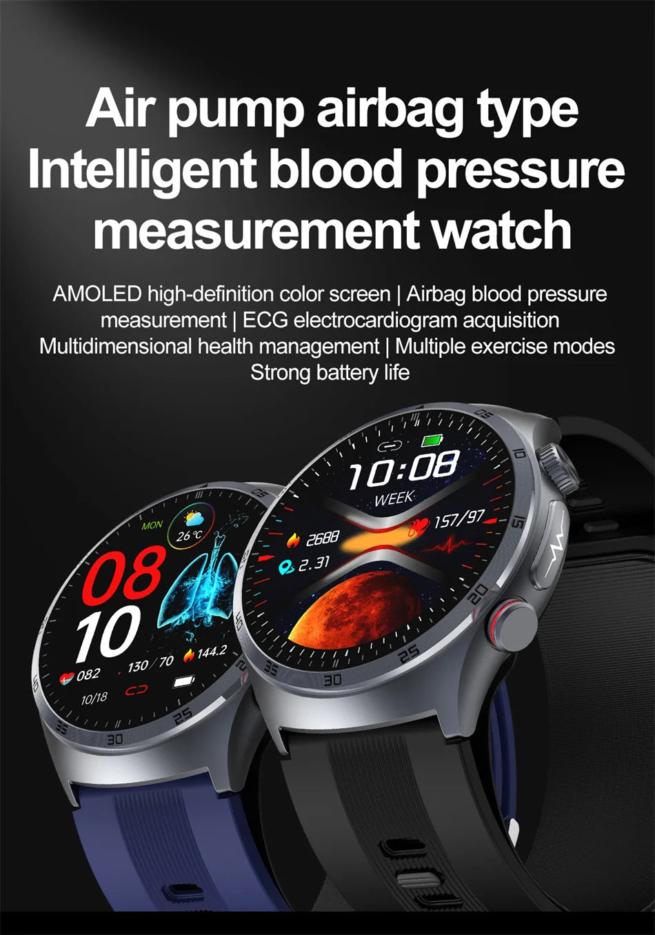 Sapphire Glass AMOLED Blood Pressure Smart Watches ECG Blood Oxygen Blood Pressure Air Pump Sport Health Tracking Smartwatch NFC
