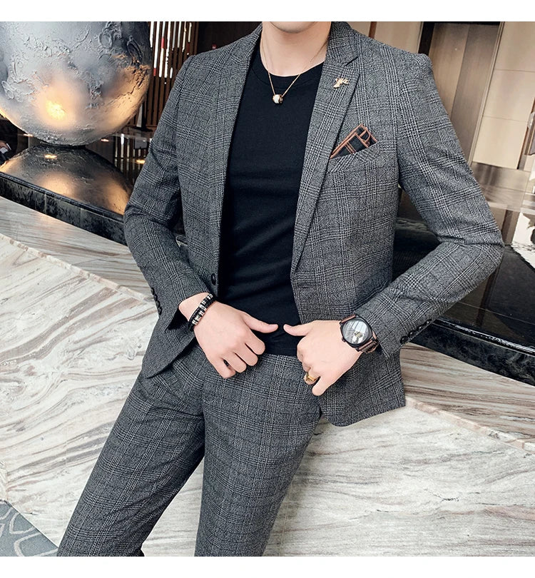 Men Luxury Slim Fit Check Suits Men Boutique Business Casual Formal Suits Sets Blazers+Pants Wedding Social Tuxedo Dress Homme