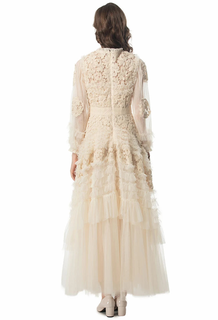 LD LINDA DELLA Fashion Designer Summer Dress Women's Vintage Solid Color Temperament Net Yarn Embroidery Cascading Ruffle Dress