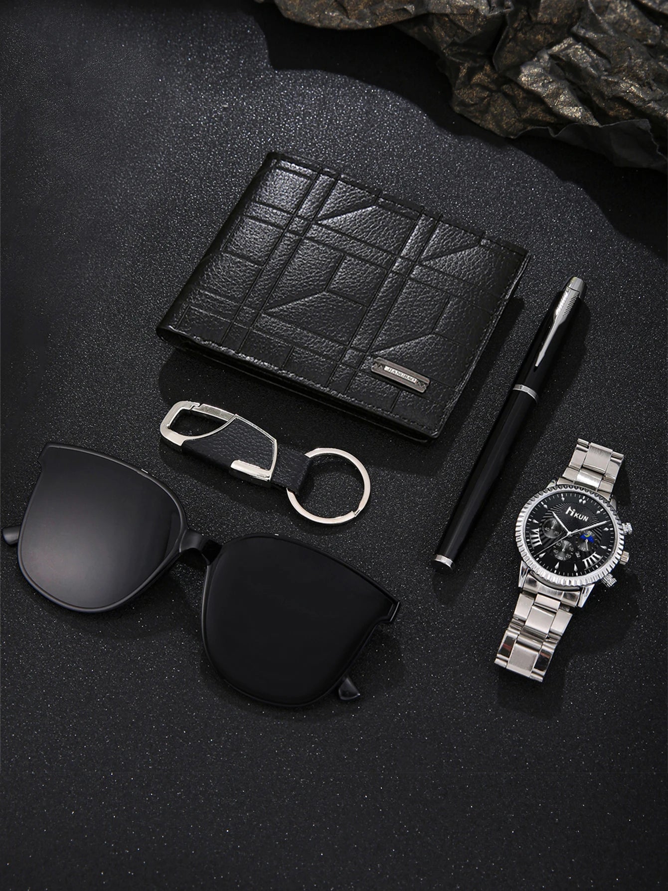 5 pieces/set of fashionable and all-matching men's watch set + wallet + glasses + key chain + pen birthday gift set