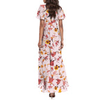 Women V-neck Ruffle Short Sleeve Maxi Dress Waist Tight High-waist Hem Sweet Floral Print Elegant Dress Female Clothing Vestidos